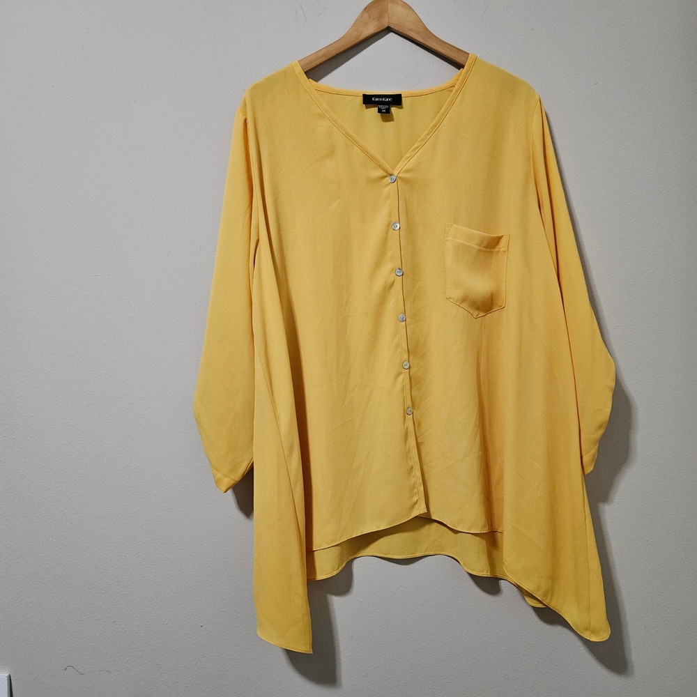 Karen Kane Womens 3X Yellow Button Front V-Neck Sharkbite Hem Blouse Top‎